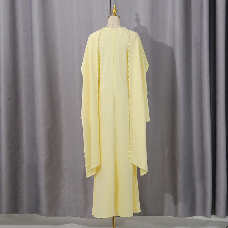 Elegant Solid Color Retro Heavy Industry Beautiful Pearl Shawl High Waist Dress Women by Ragazza