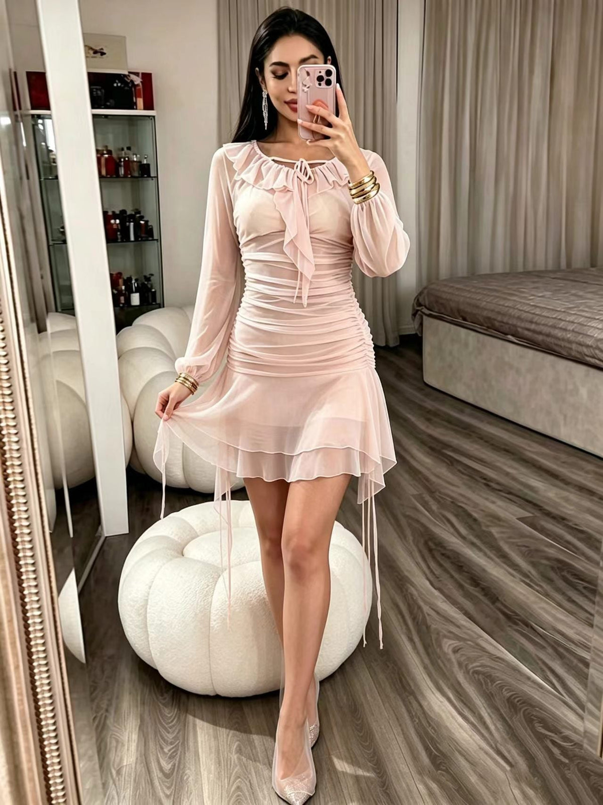 Woman Hip Women Autumn Winter Square Collar Bell Sleeve Small Mesh Seethrough  DestGlow