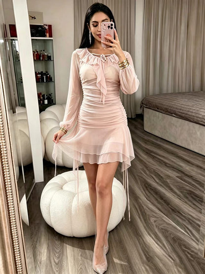 Woman Hip Women Autumn Winter Square Collar Bell Sleeve Small Mesh Seethrough  DestGlow