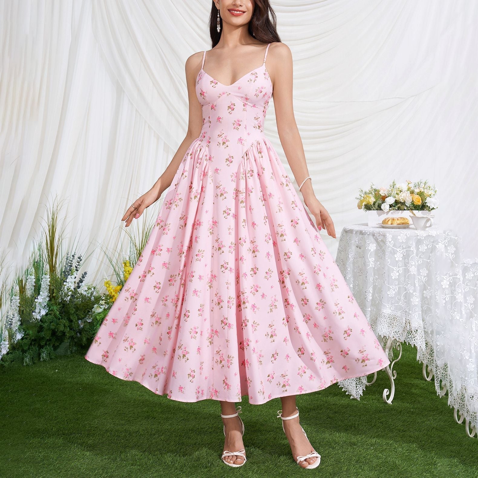 Vacation Low Collar Slip Dress Sexy Backless Lace up Waist Slimming Printed Pleated Midi Dress  DestGlow