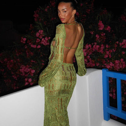 Fall Best Seller in Sexy Backless Hollow Out Cutout out See through Long Sleeve Slim Long Woolen Dress for Women by Ragazza