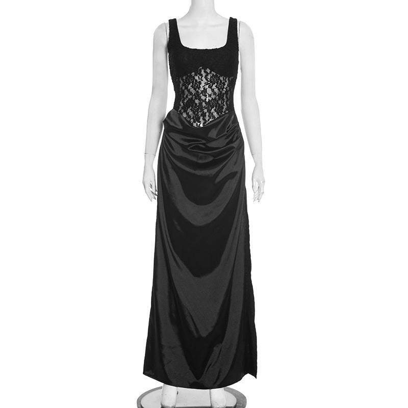 Women Clothing Autumn Winter Sexy Sleeveless Vest Lace Stitching Side Slit Dress for Women by Ragazza