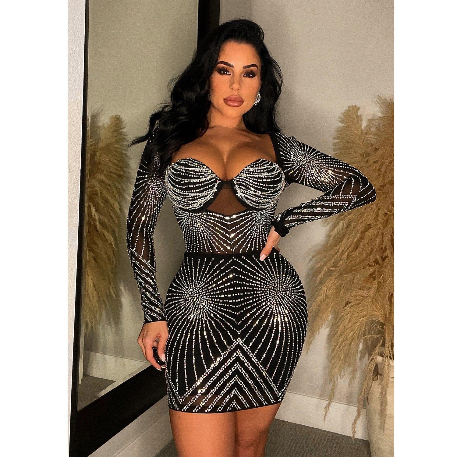 Women Wear Solid Color Mesh Rhinestone Long Sleeve Short Dress by Ragazza