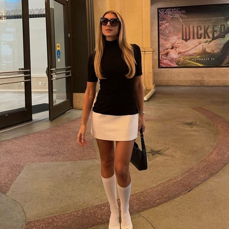 Women Clothing Spring Personality Stitching Contrast Color Half Turtleneck Half Sleeve Skinny Sheath Dress by Ragazza