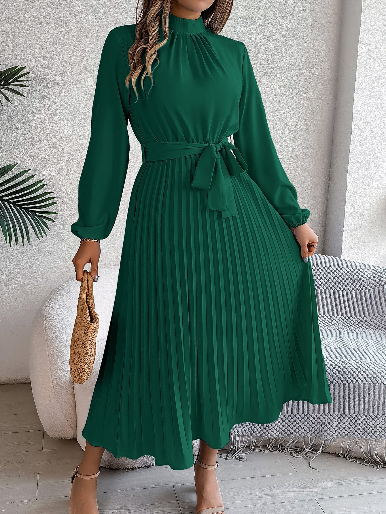 Autumn Winter Elegant Stand Collar Long Sleeve Cinched Pleated Maxi Dress Small Dress Women Clothing  DestGlow