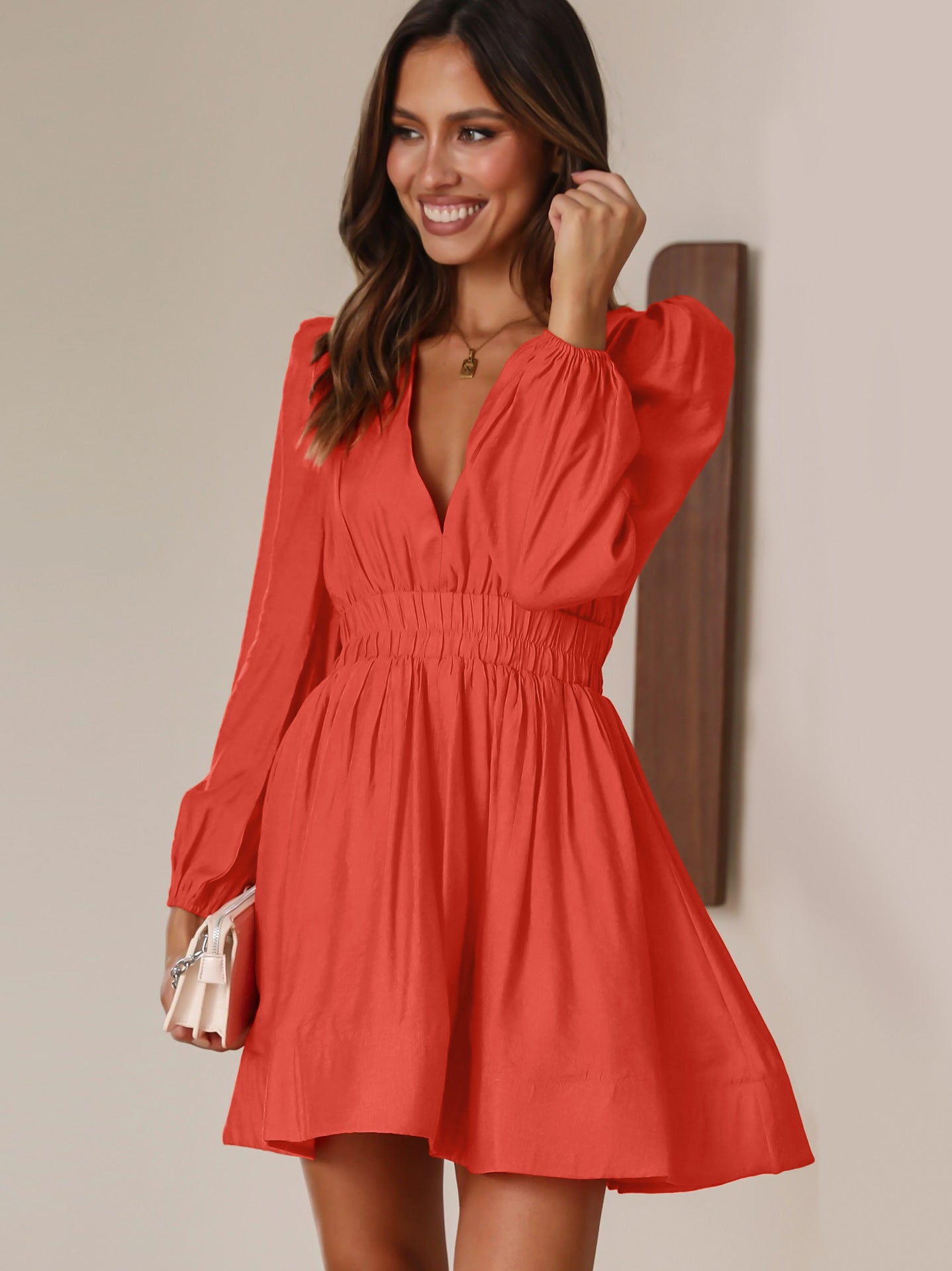 Autumn Winter Dress Women Clothing V neck Mid Length Dress Pleated Ruffled French Dress Dress by Ragazza