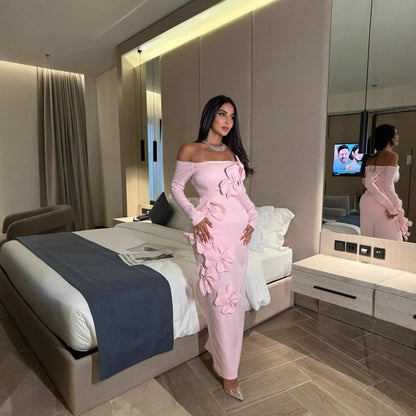 Spring Summer Middle East Elegant Sexy Sheath Three Dimensional Floral off Shoulder Long Sleeve Dress by Ragazza