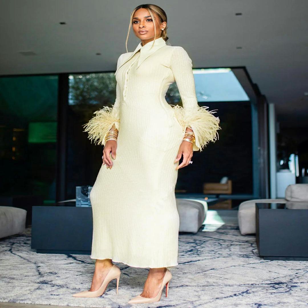 Yellow Blouse Collar Long Sleeve Feather Knitted Striped Slim Bandage Dress  DestGlow