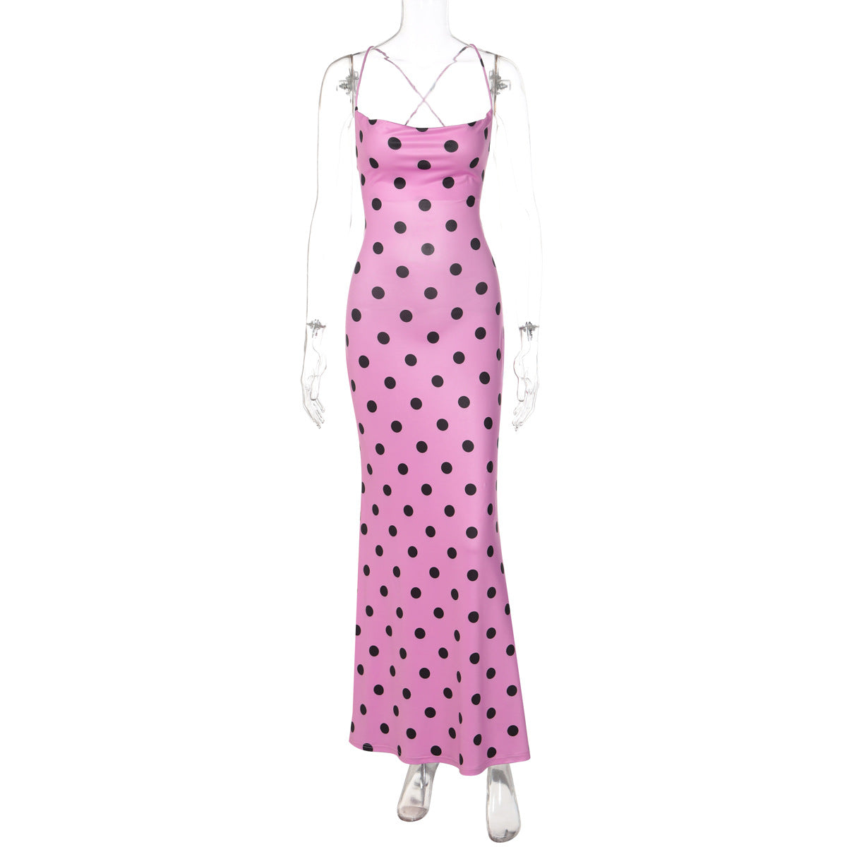 Sexy Backless Swing Collar Slim Fit Long Strap Polka Dot Dress Women by Ragazza