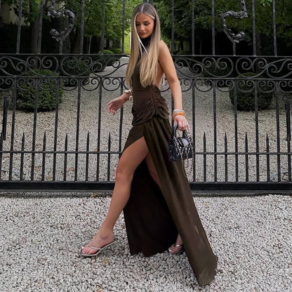Women Clothing Solid Color Mesh Patchwork Slit Halter Sexy Backless Elegant Dress by Ragazza