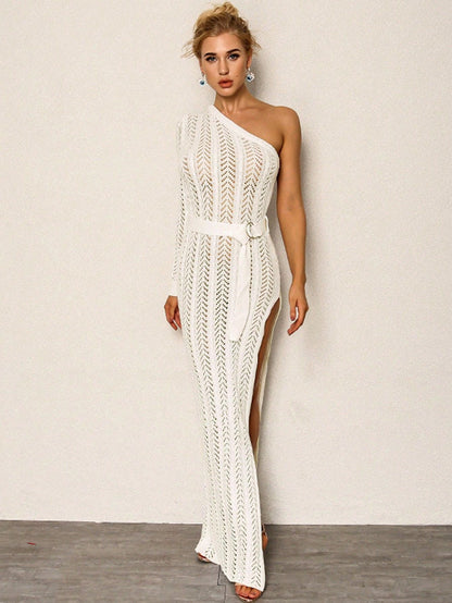 Women Wear Women Hollow Out Cutout out Single Sleeve High Slit Dress Sweater by Ragazza