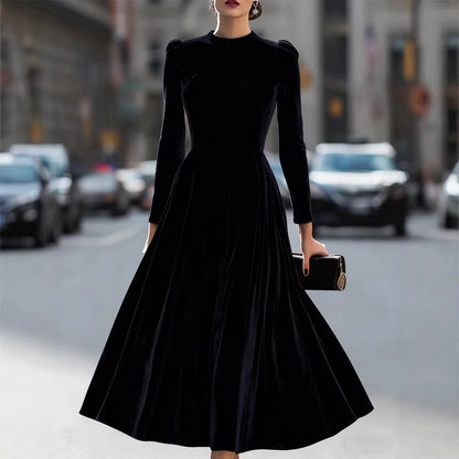 Women Clothing Spring Summer round Neck Korean Velvet Elegant Long Sleeved Dress by Ragazza
