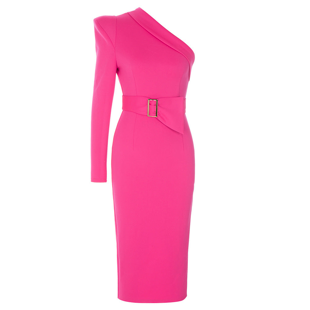 Simple Sexy Oblique Shoulder Irregular Asymmetric Belt Back Slit Slim Dress Women by Ragazza