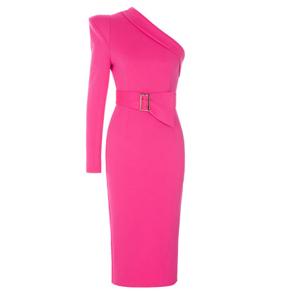 Simple Sexy Oblique Shoulder Irregular Asymmetric Belt Back Slit Slim Dress Women by Ragazza