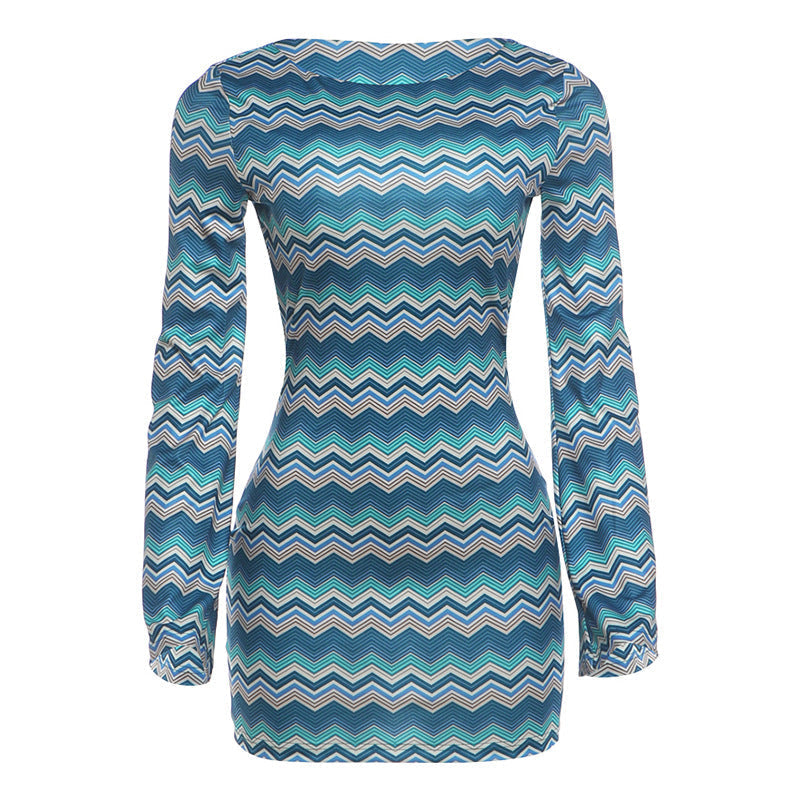 Summer Women Slim Fit Wave Pattern Contrast Color round Neck Long Sleeve Sexy Sheath Dress for Women  DestGlow