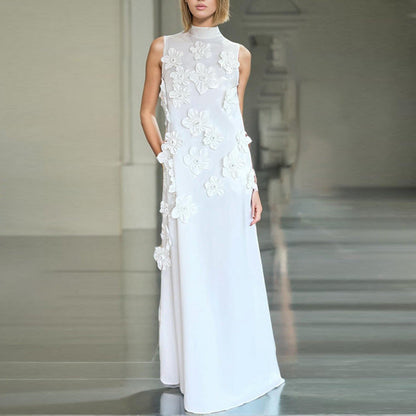 Elegant Elegant Stand Collar Sleeveless Solid Color Dress Three Dimensional Floral Collage Design Maxi Dress by Ragazza