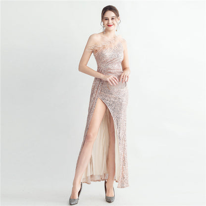 Hand Nailed Ostrich Feather Off Shoulder Roman Collar High End Sequined Evening Dress by Ragazza
