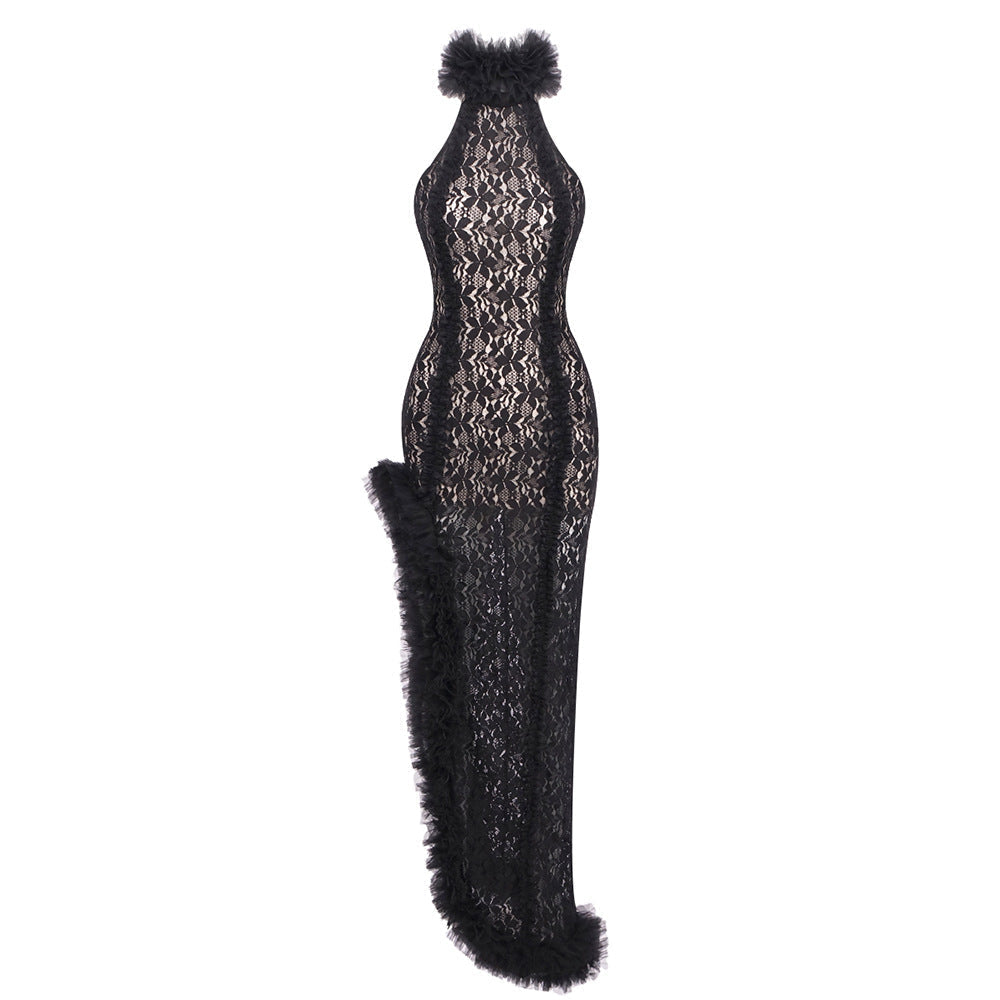 Black Halter Lace High Slit Dress Sexy Backless Slim Fit Cocktail Evening Maxi Dress  DestGlow