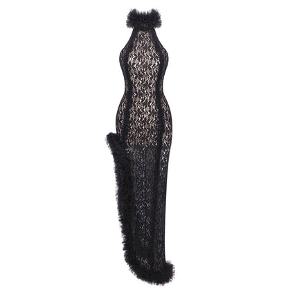 Black Halter Lace High Slit Dress Sexy Backless Slim Fit Cocktail Evening Maxi Dress  DestGlow