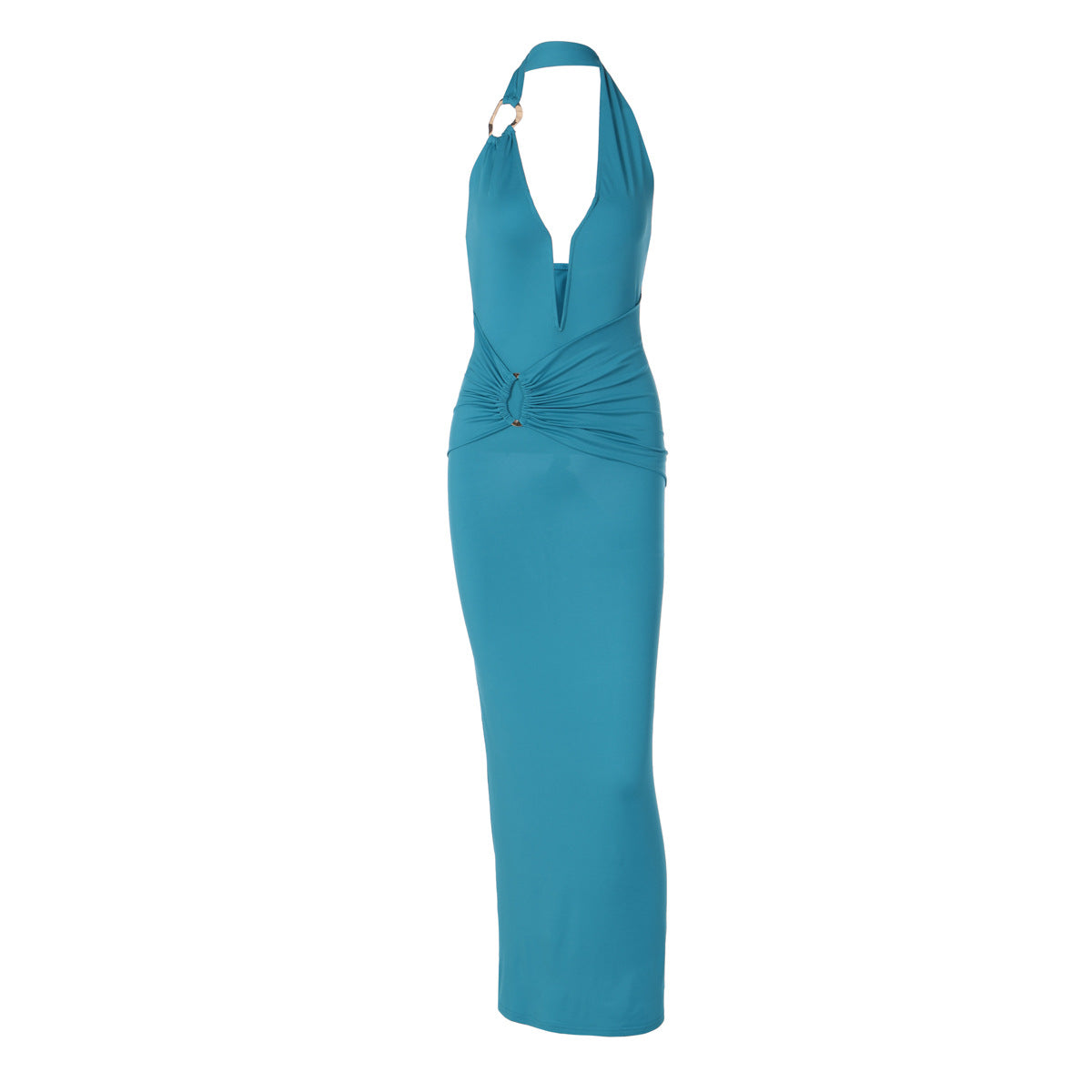 Summer Sexy V neck Stitching Steel Ring Halter Slim Fit Pleated Patch Maxi Dress for Women by Ragazza