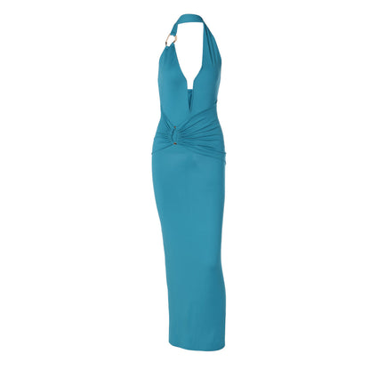 Summer Sexy V neck Stitching Steel Ring Halter Slim Fit Pleated Patch Maxi Dress for Women by Ragazza