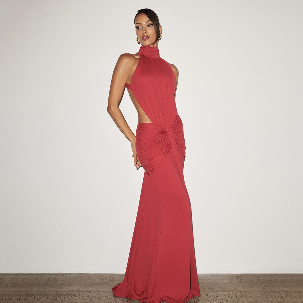 Halter Pleated Slim Fit Maxi Dress High Neck Sexy Backless Cocktail Dress  DestGlow