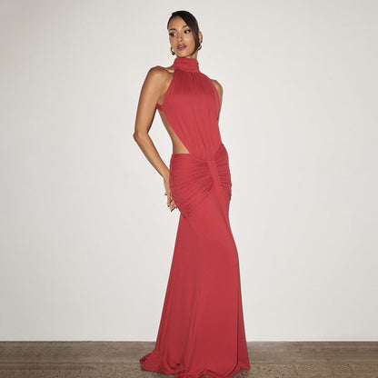 Halter Pleated Slim Fit Maxi Dress High Neck Sexy Backless Cocktail Dress  DestGlow