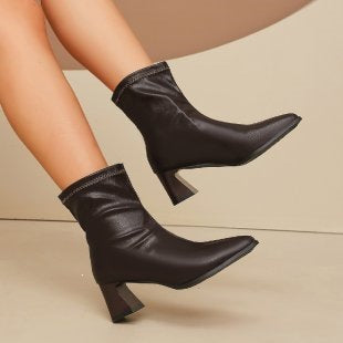 High Heel Short Elastic Pointed Leather Boots Women Fall Small Chunky Heel Sleeve Boots  DestGlow