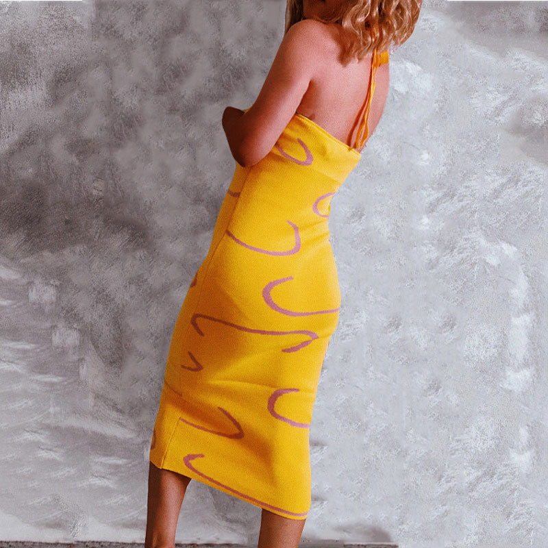 Knitted Sling Geometric Abstract Slim Fit Long Sexy Fitted Waist Backless Beach Dress Sweater  DestGlow