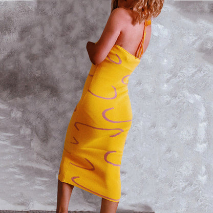 Knitted Sling Geometric Abstract Slim Fit Long Sexy Fitted Waist Backless Beach Dress Sweater  DestGlow