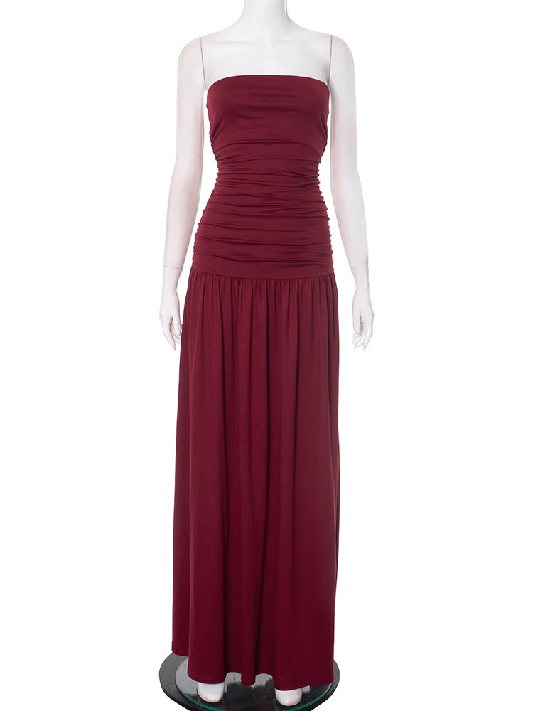 Women Clothing Solid Color Sleeveless Backless Slim Fit Pleated Tube Top Maxi Dress by Ragazza