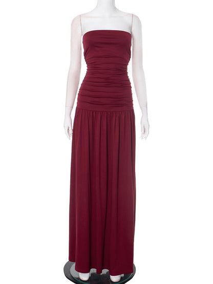 Women Clothing Solid Color Sleeveless Backless Slim Fit Pleated Tube Top Maxi Dress by Ragazza