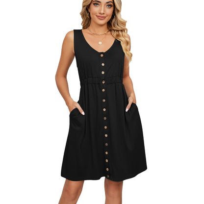 Spring Summer Solid Color Sleeveless Button Pocket Crew Neck Split Waist Dress by Ragazza