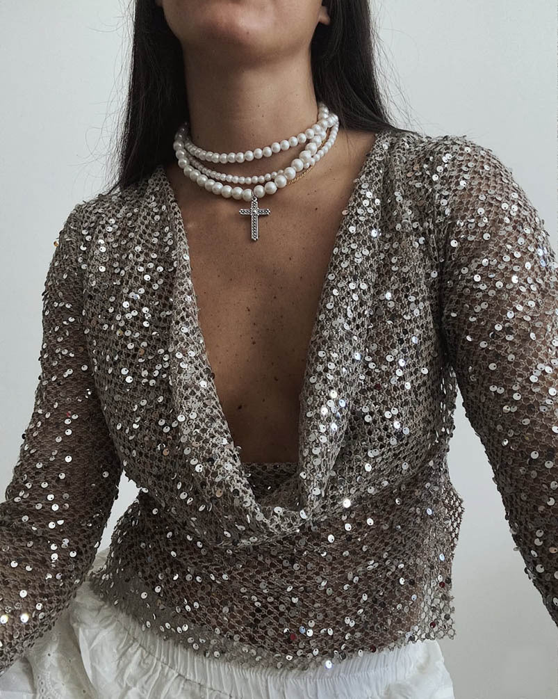 Autumn Winter Sequin Fishnet Sexy Two Way Wearing Long Sleeved Top by Ragazza