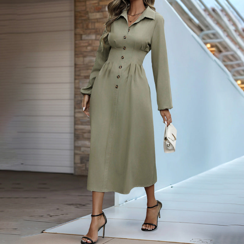 Spring Autumn Cardigan Button Polo Collar Solid Color Long Sleeve Slim Fit Dress  DestGlow