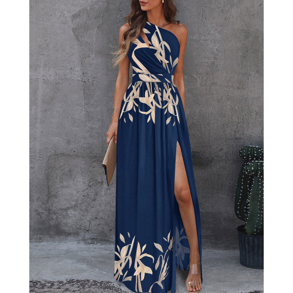 Women Clothing Slant Shoulder Dress Elegance Sleeveless Sexy High Waist Split Dress by Ragazza