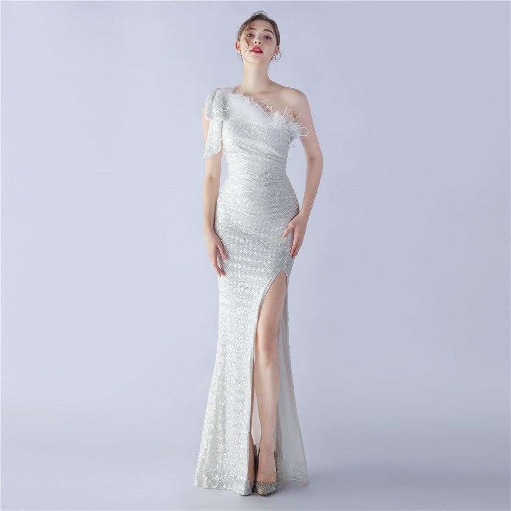 Craft Floral plus Ostrich Feather High End Sequined One Shoulder Evening Dress by Ragazza