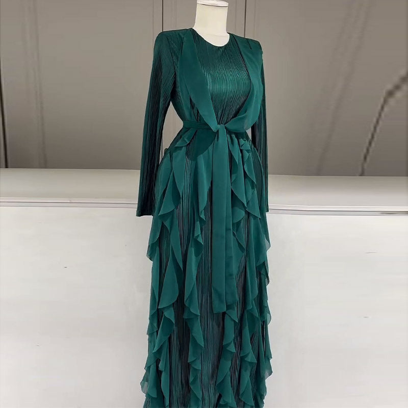 Ruffled Pleated Dress Elegant Women Ribbon Dress by Ragazza