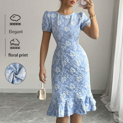 Summer Package Hip Fishtail Dress Office Printing round Neck Dress by Ragazza