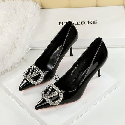 Sexy Party Super High Heel Women Shoes Dignified Rhinestone V Buckle Pointed Toe Shallow Mouth Stiletto Heel Pumps  DestGlow