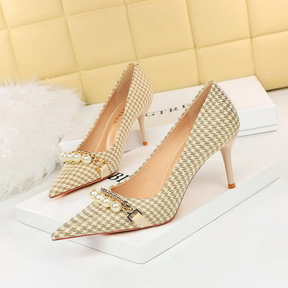 Houndstooth High Heels Stiletto Heel Shallow Mouth Pointed Pearl Chain Plaid Women Shoes  DestGlow