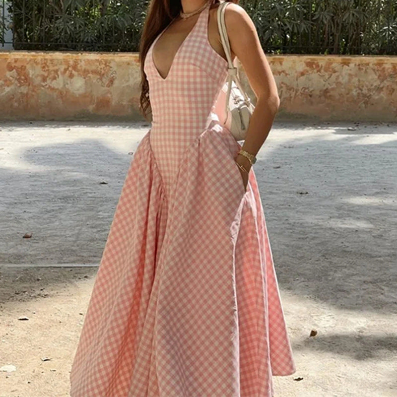 French Sweet Halter Strap Sexy V neck Backless Strap Dress by Ragazza
