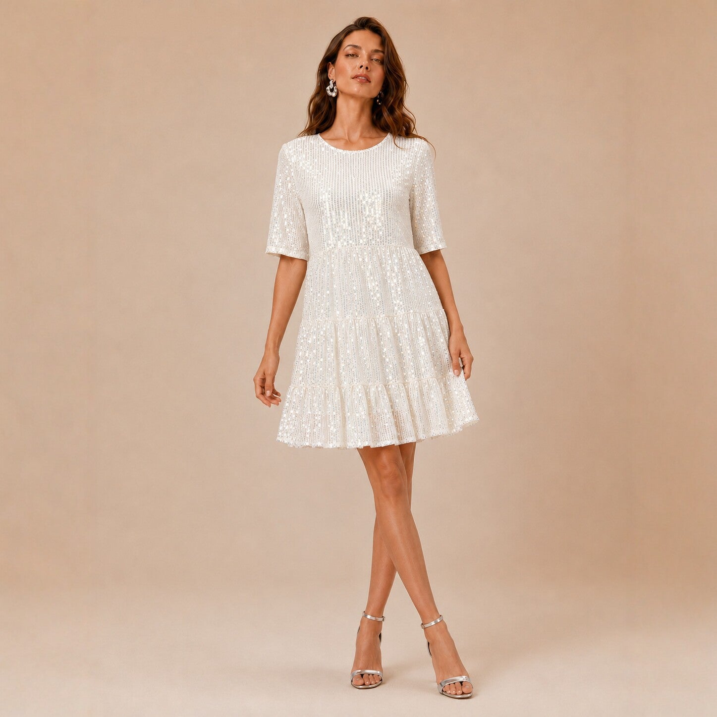 Sequined Short Sleeve A line Dress Cocktail Women Short Dress  DestGlow