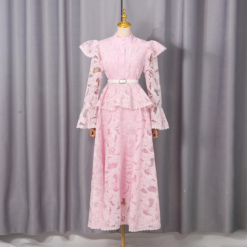 Spring French Cutout Lace Stitching Court Waist Slimming Elegant Dress for Women by Ragazza