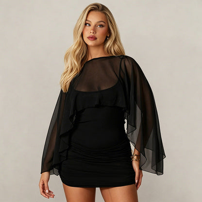 Women Clothing Summer Solid Color Casual Long Sleeves Shawl Straps Tulle Mini Short Dress  DestGlow