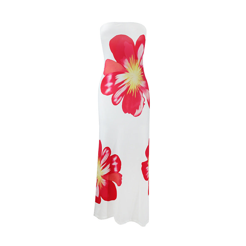 Summer Women Casual Tube Top Printed Long Vacation Dress by Ragazza
