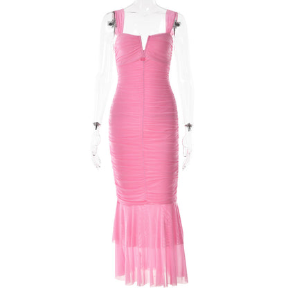 Spring Summer Suspender Stitching Dress Fashionable Sexy Tight Pleated Fishtail Dress by Ragazza