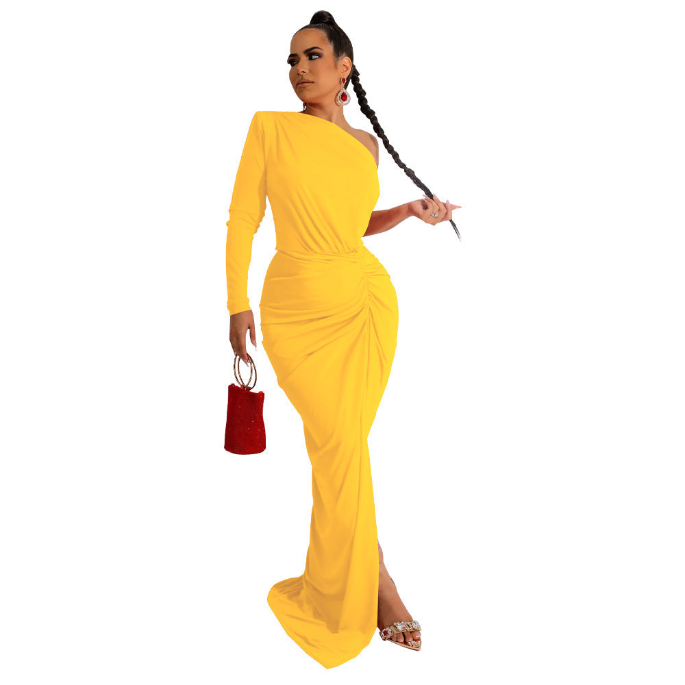 Women Clothing Autumn Oblique Shoulder Pleated Solid Color Dress Maxi Dress by Ragazza