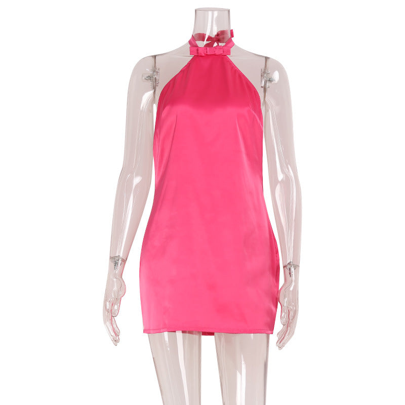 Rose Red Trendy Socialite Hanging Collar Silk Satin Textured Dress by Ragazza