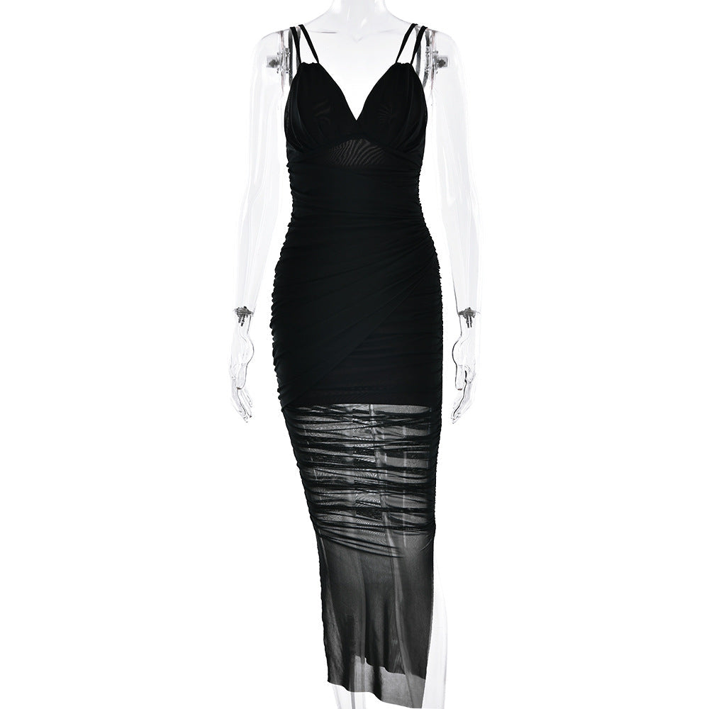 Suspender Deep V Plunge Sexy Dress Sexy Pleated Slim Mesh Dress by Ragazza